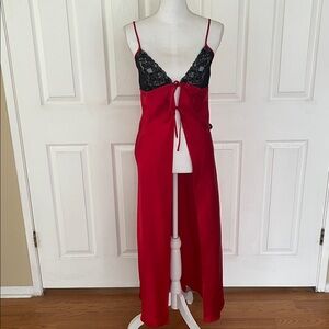 Fredricks Of Hollywood red satin nightgown/robe open front black lace bra maxi